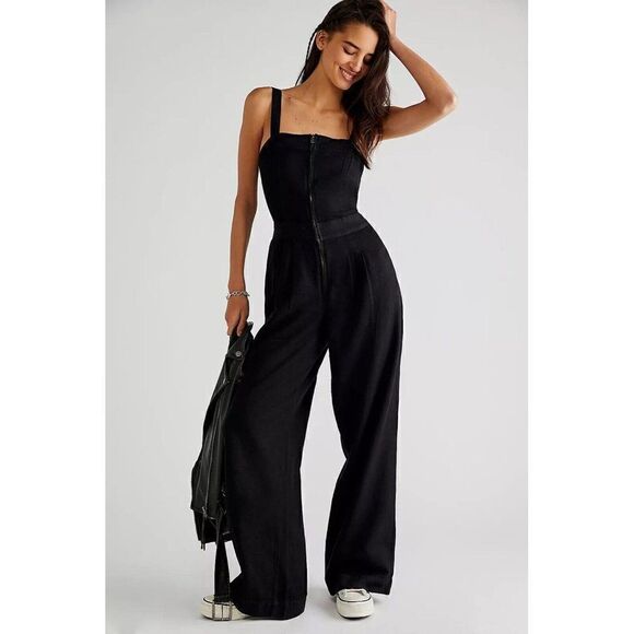 NWT FREE PEOPLE CALL ON ME ONE PIECE WIDE LEG JUMPSUIT IN BLACK - Picture 1 of 5